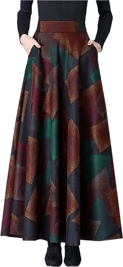 Women's Vintage A-Line Maxi Skirt Ankle Length High Waist Pleated Skirt Wool Blend Floral Print Swing Flared Skirts X-Large Khaki