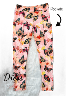 Fall Butterfly Leggings, pockets, pink, orange, red, pants, kids, toddler, tween, monarch, autumn, girls, back to school, animal