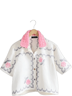 Linen Napkin Boxy Shirt - vintage 50s Floral hand cross stitch napkins white pink crochet collar women&#39;s cropped top short sleeved blouse