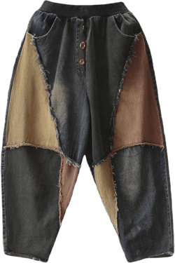 Unisex Distressed Color Block Jeans | Loose Fit Casual Pants | Washed & Worn-Down Style | Comfy Fashionable Harem Pants | Trendy Outwear