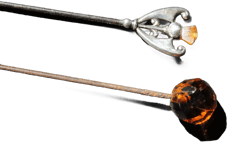 1912 Charles Horner silver hat pin and 3 others, George V paste citrine stone long hat pin, Chester silver thistle hat pin, early 1900s