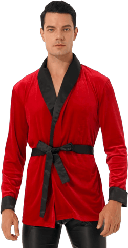 YEAHDOR Men's Smoking Robe Jacket Long Sleeve Velvet Kimono Barhrobe Christmas Santa Night Robe with Belt Red Medium