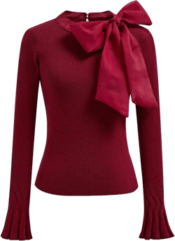 CHICWISH Women Bow Tied Long Sleeve Knit Top Mock Neck Slim Fitted Elegant Blouses Top Solid Wrap Pullover Tops Large-X-Large Burgundy