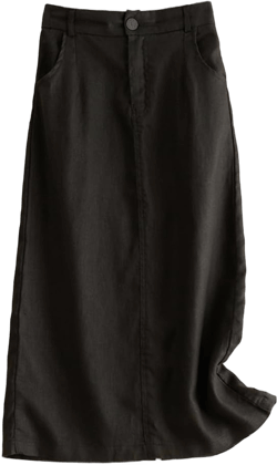 Mywinway Linen Skirts for Women Spring Summer Elastic High Waisted Cotton A Line Midi Skirt with Slit Small Black
