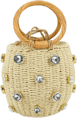 Orgonite Bucket Straw Handbag, Handmade Tote Bag with Pearl Flower, Beach Woven Bag Rattan Basket Purse Drawstring for Women C-beige