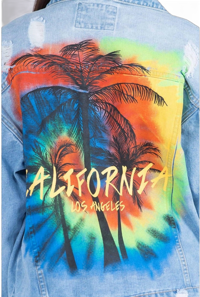 Women's Full Size Painted Back Distressed Denim Jacket - American Bazi 2X