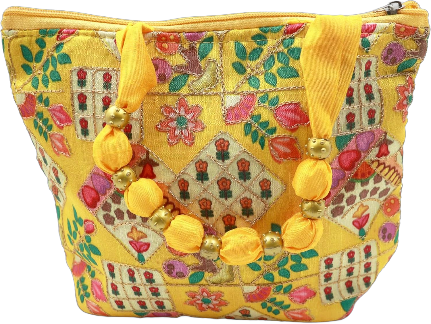 Womens Designer Embroidery Handbag Handmade Satin Bags for Wedding Party Fancy Purse with Top Handle Yellow