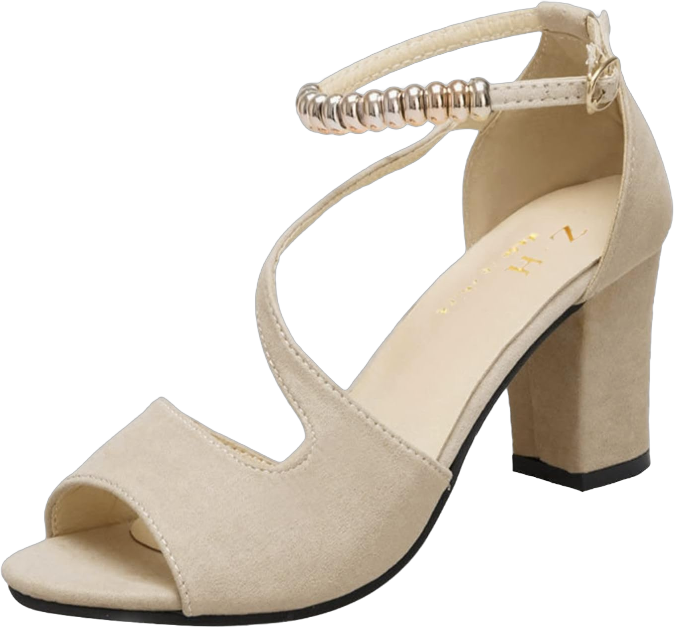 Beaded Sandals For Women 2024 Summer Fashion Party Sandals Open Toe Chunky Block Heel Elegant Ladies Cutout Suede Shoes 6.5 01#beige