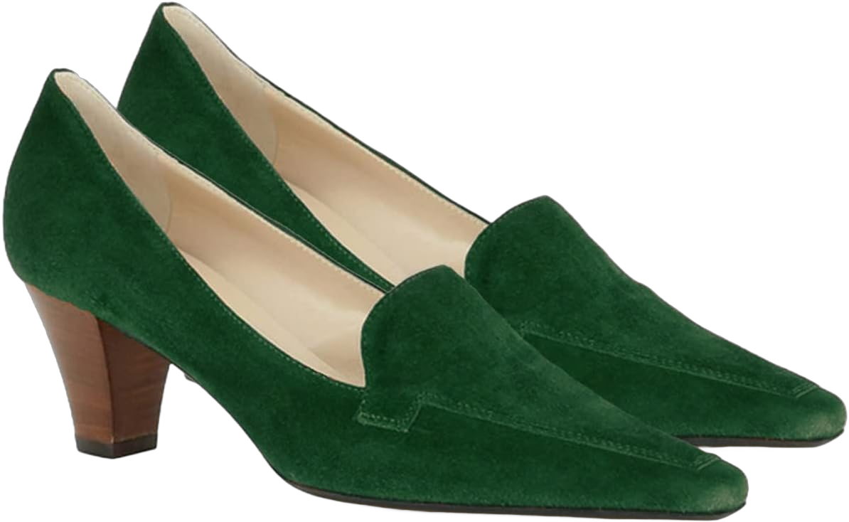LEHOOR Women's Vintage Chunky Block Heel Pumps Shoes Pointed Square Toe Slip On Formal Office Work Business Loafers Shoes Suede Snakeskin Cone Heel Oxford Shoe Ladies Professional Chic Fall 4-11 M US 7.5 Suede Emerald Green