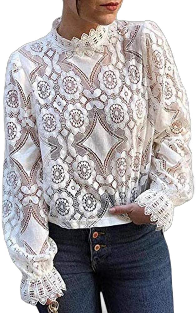 Womens Dressy Casual Long Sleeve Lace Tops, Sheer Mock Neck Business Casual Tops,Going Out Tops for Girls XX-Large White