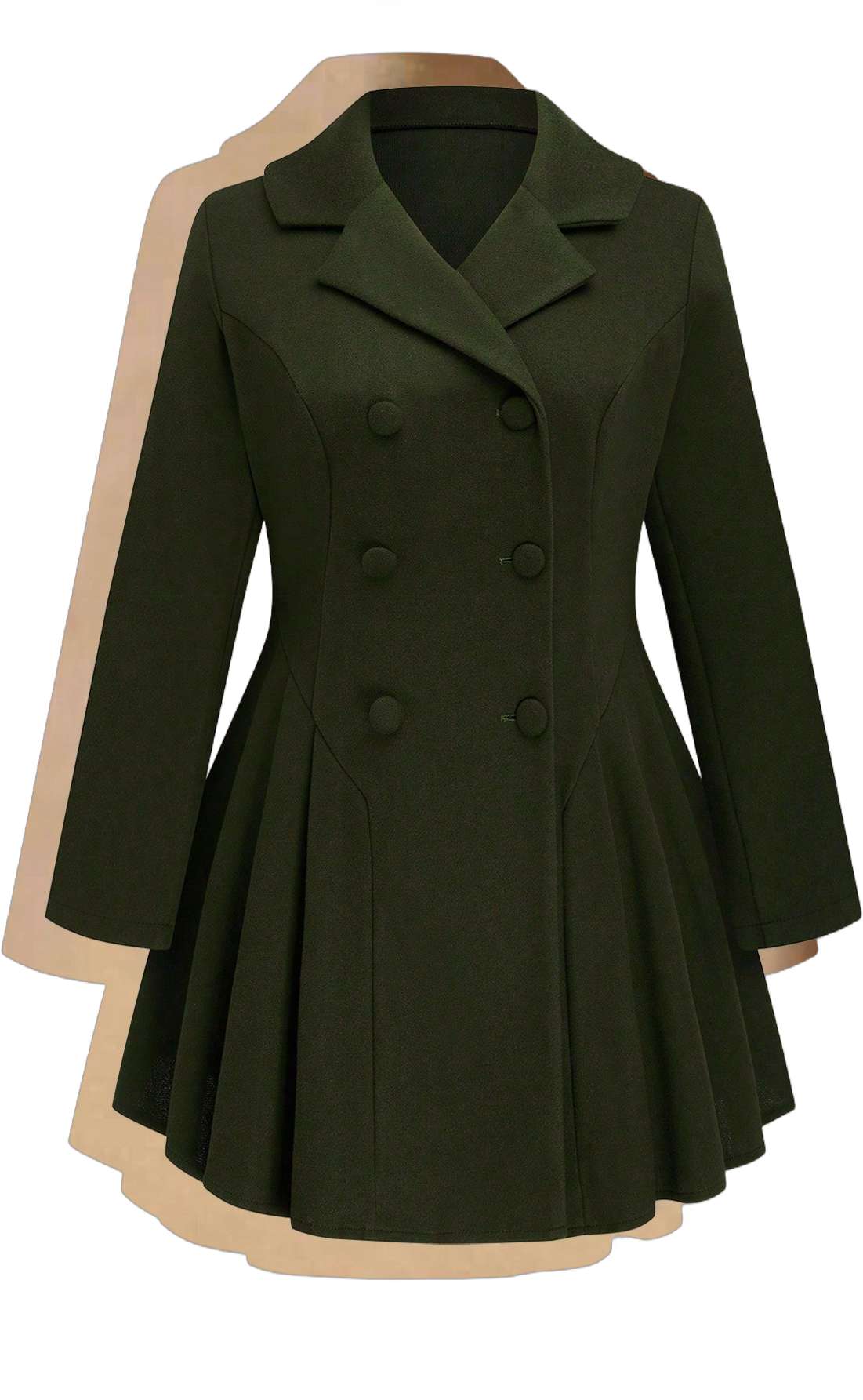 SHEIN MOD Fashionable Chic Military Green Double-Breasted Woolen Coat With Waist Cincher, A-Line Pleated Hem, Slim Fit For Women, Winter