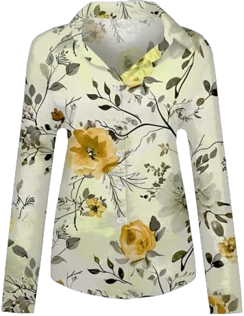 Generic Women's Shirts Floral Print Button Down Shirt Lightweight Long Sleeve Blouse Spring V Neck T Shirts Tunics 1-beige 6X-Large