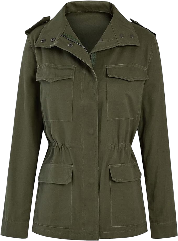 Maiyifu-GJ Women's Military Anorak Jacket Zip Up Snap Buttons Lightweight Coat Safari Utility Outwear With Pockets X-Large Green