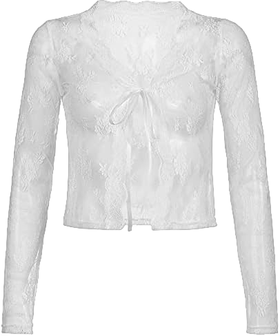 Elegant Women Lace Cardigan Long Sleeve See Through Sheer Shrug Mesh Blouse Tie Up Crop Tops Medium White