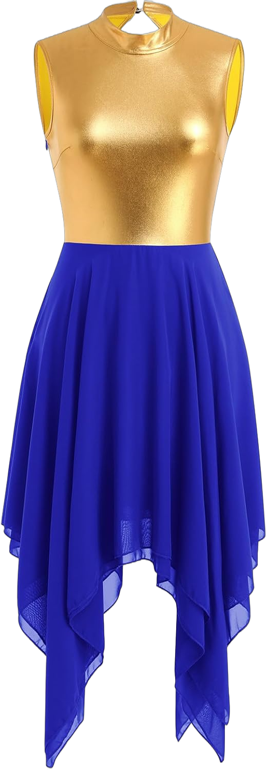 IBAKOM Praise Dance Dress for Women Gold Metallic Chiffon Asymmetric Skirt Lyrical Contemporary Dance Liturgical Overlays Medium Royal Blue