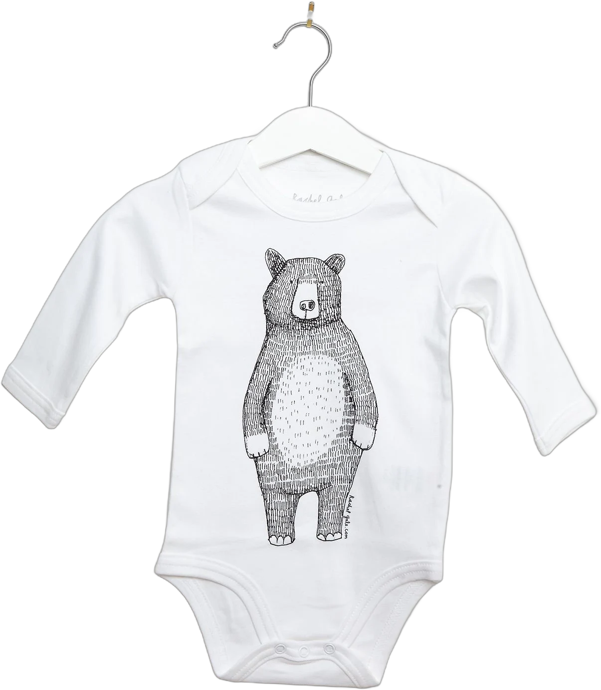 Bear Babygrow/babyvest/bodysuit -screen printed Mr Bear design, organic white/grey cotton, long sleeved, unisex - the perfect baby gift!