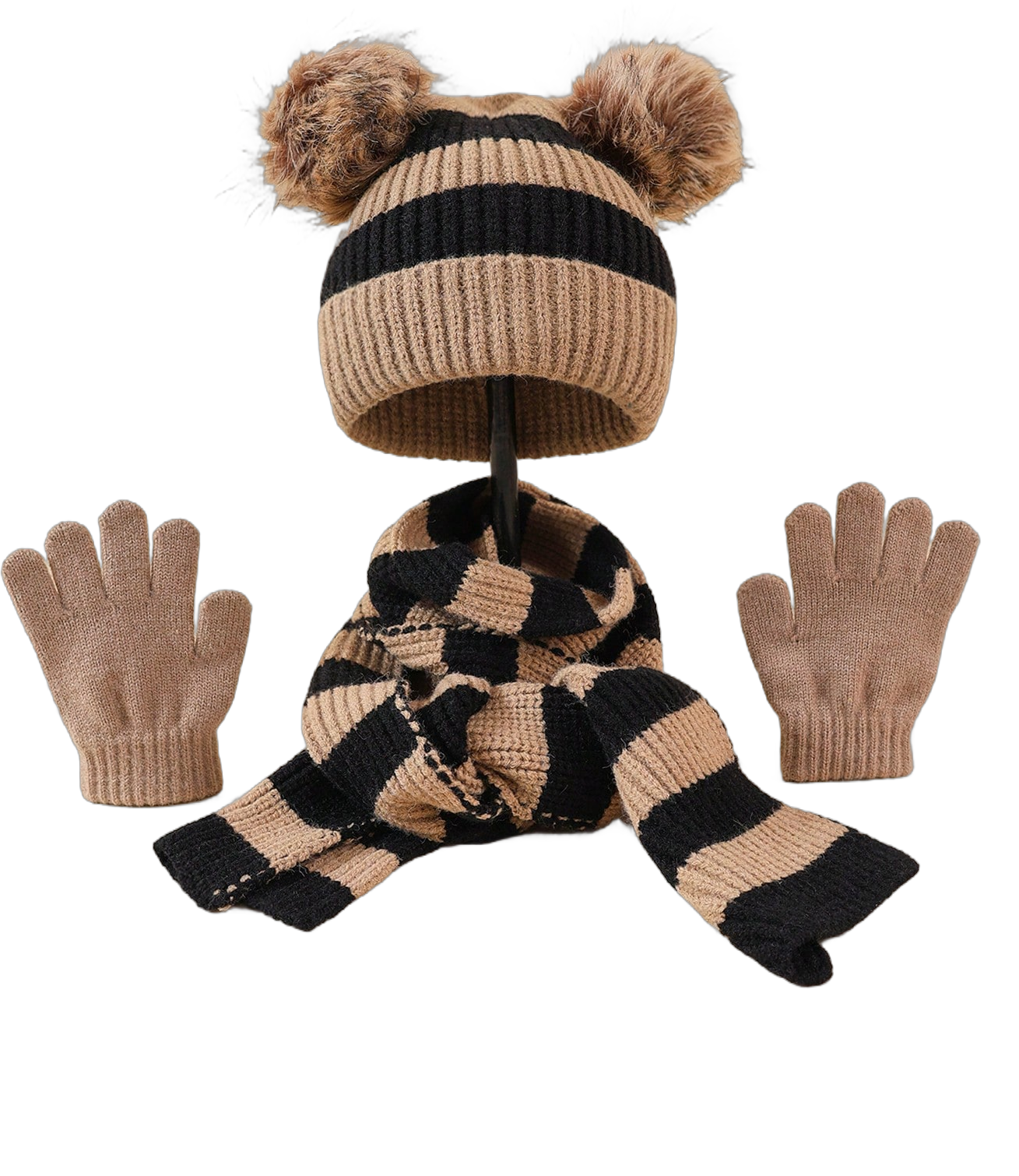 3pcs/Set Baby Striped Knit Hat, Scarf And Gloves Set, Fashionable Children Warm Beanie With Ear Flaps, Suitable For Autumn/Winter