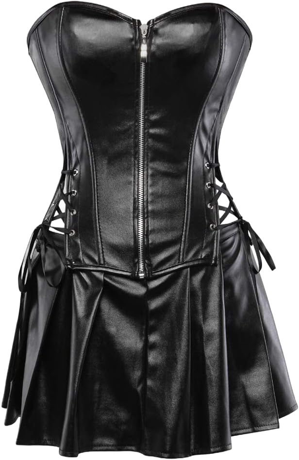Grebrafan Women Faux Leather Corset Dress Gothic Punk Zipper Bustier with Skirt 6X-Large Black