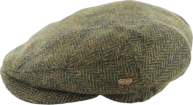 Mucros Weavers Kerry Cap, Irish Hat for Men, Herringbone Wool Large Green Herringbone