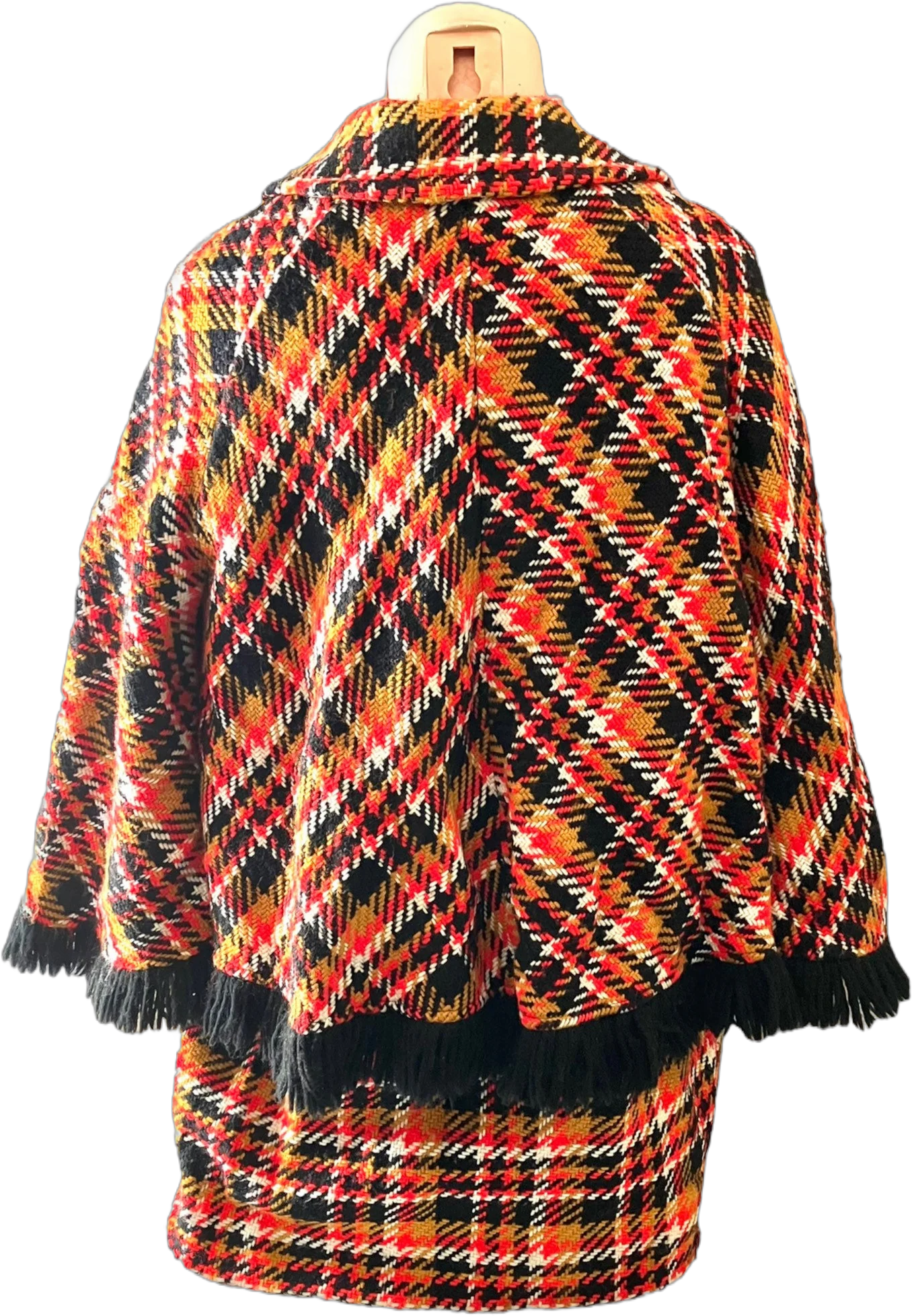 Vintage Walking Cape Coat Fall Fashionbilt Casuals Plaid Poncho Vibrant Red Black Gold White Fringe Trim