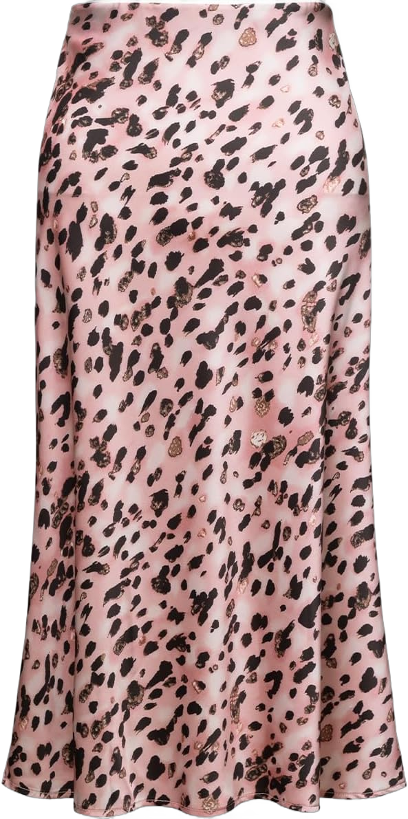 Womens Leopard Print Skirt Trendy Summer Midi Long Length Silk Satin High Waist Elastic Skirts Medium Leopard Pink