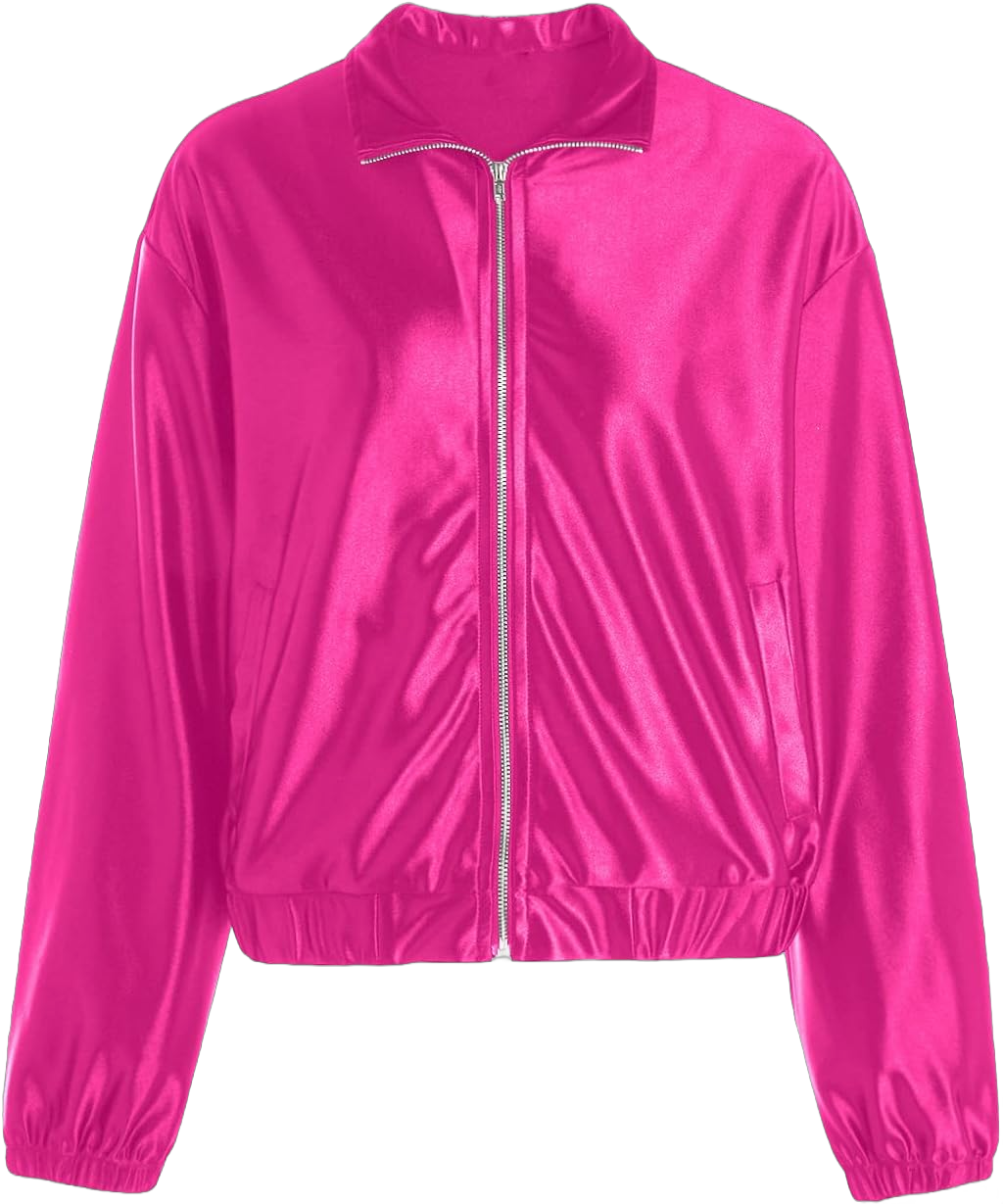 Verdusa Women's Bomber Satin Lightweight Jacket Drop Shoulder Long Sleeve Zip Up Outerwear Medium Hot Pink