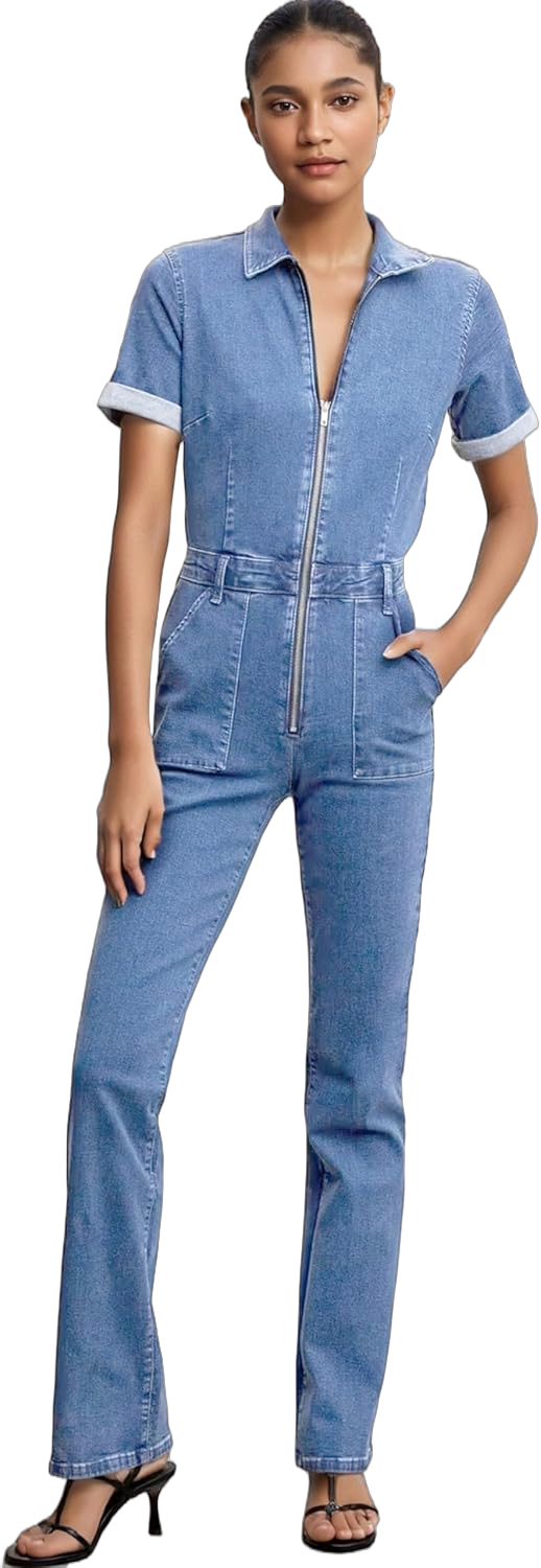 Slim Zip Up Denim Jumpsuit for Women Sexy Short Sleeve Flare Jeans Long Pants One Piece Rompers with Pockets Lightblue X-Large