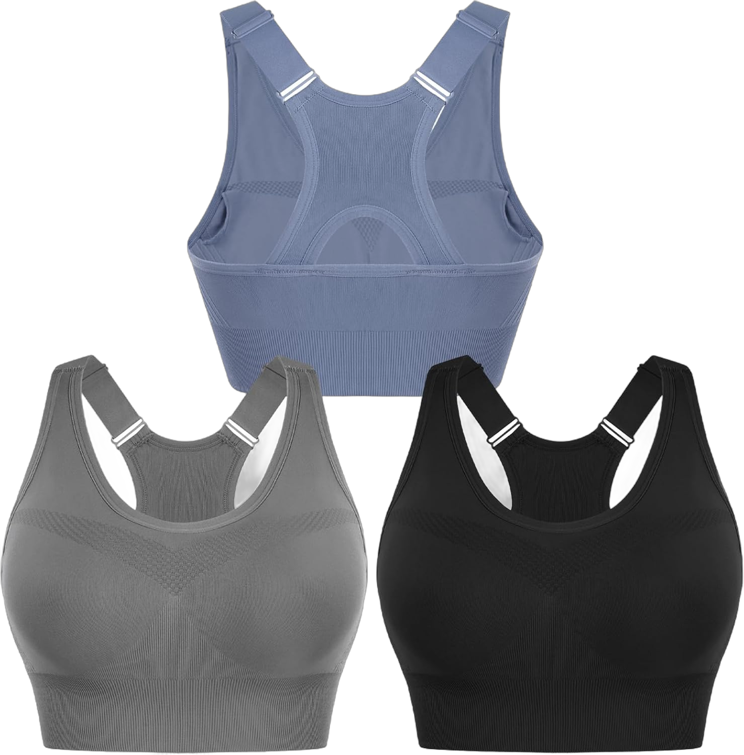 Sykooria Adjustable Sports Bra for Women High Support Padded Workout Tops Packs Gym Fitness Running Yoga Bras Racerback--black+grey+dark Blue X-Large