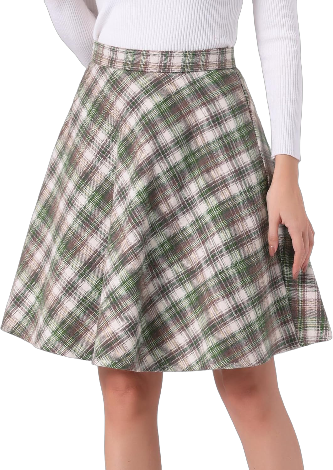 Allegra K Women's Christmas Plaids Vintage Tartan Elastic Waist Knee Length A-Line Skirt Medium Green Beige