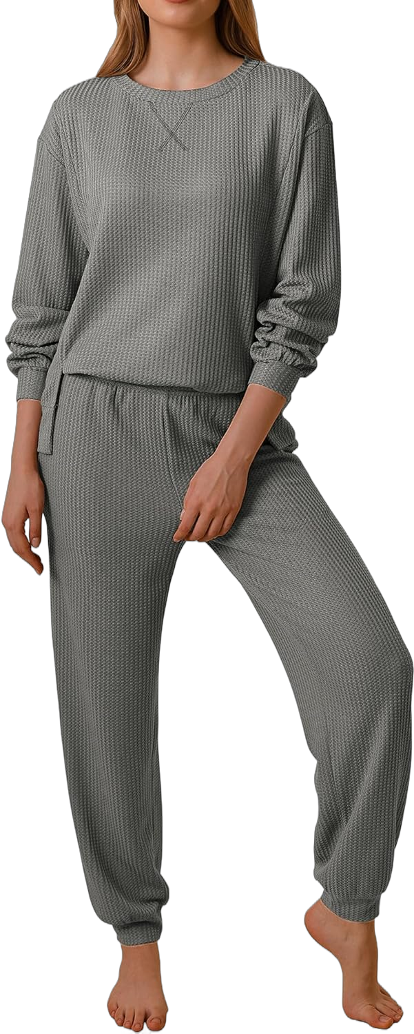 Ekouaer Waffle Knit Lounge Sets for Women Long Sleeve Pajamas Set with Pockets 2 Pieces Outfits Top and Pants Deep Grey Small