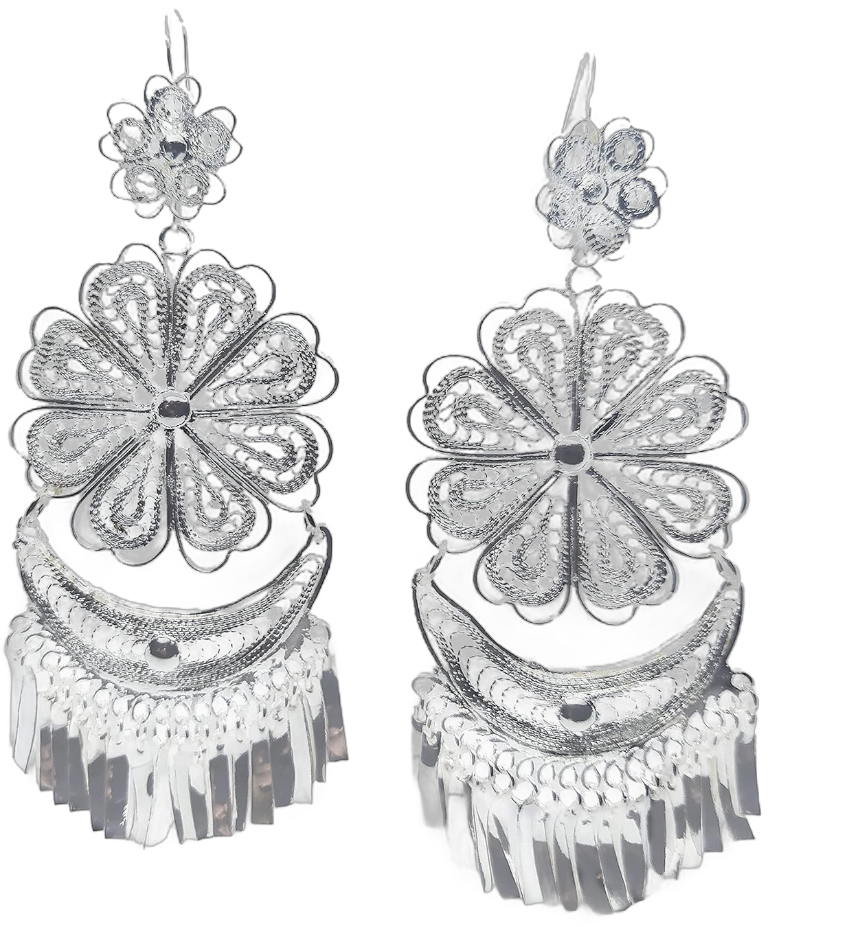 Mexican Chandelier Lightweight Earrings for Women and Girls, Traditional Handmade Oaxaca Floral Filigree Silver Jewelry