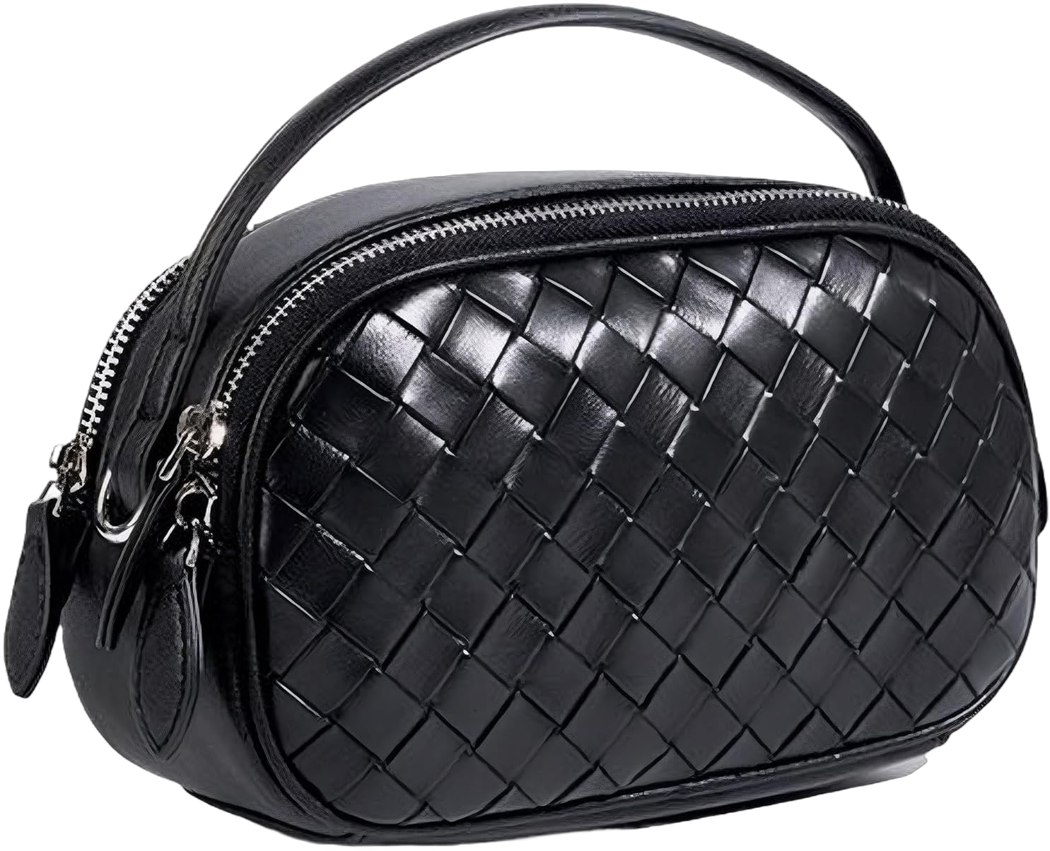 Woven Crossbody Bags for Women Genuine Leather Satchel Handbag with Top Handle Small Shoulder Tote Bag Black