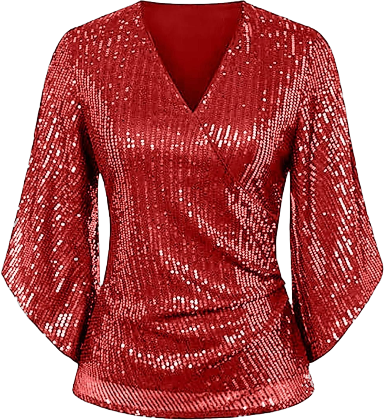 GOKKILRW Womens Sequin Shirts Flare Sleeve V Neck Metallic Sparkly Blouses Glitter Shiny Elegant Cocktail Party Club T Shirts Red X-Large