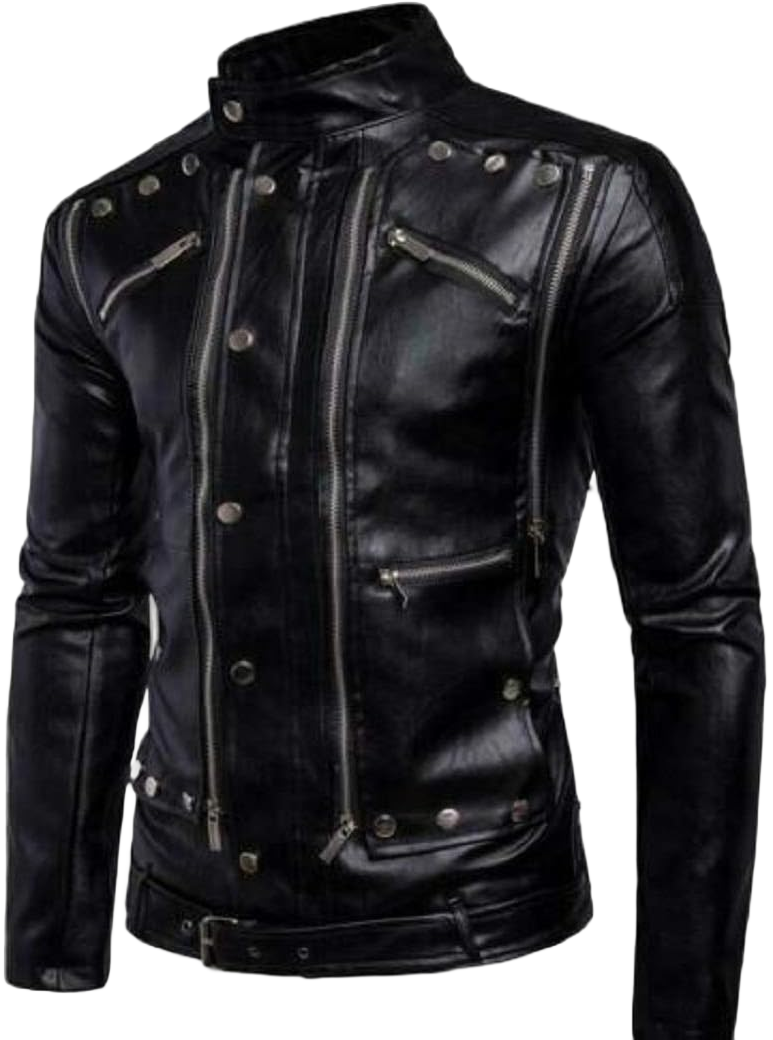 Mens Punk Rock Brando Biker Studded Multi Zipper Belted Quilted Motorcycle Black Leather Jacket