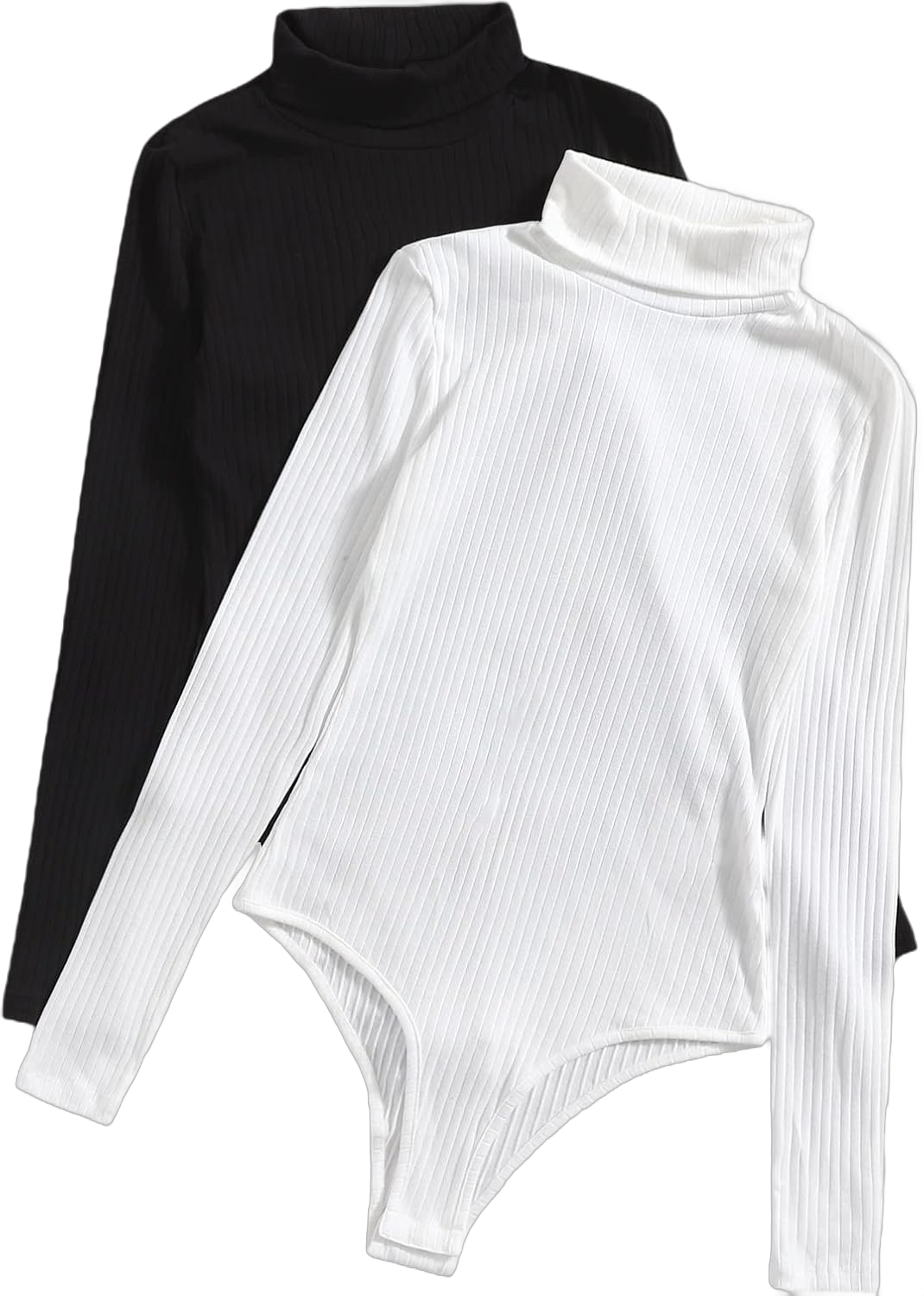 Floerns Women's 2 Piece Turtleneck Long Sleeve Ribbed Knit Bodysuit T Shirt Tops Medium Black and White