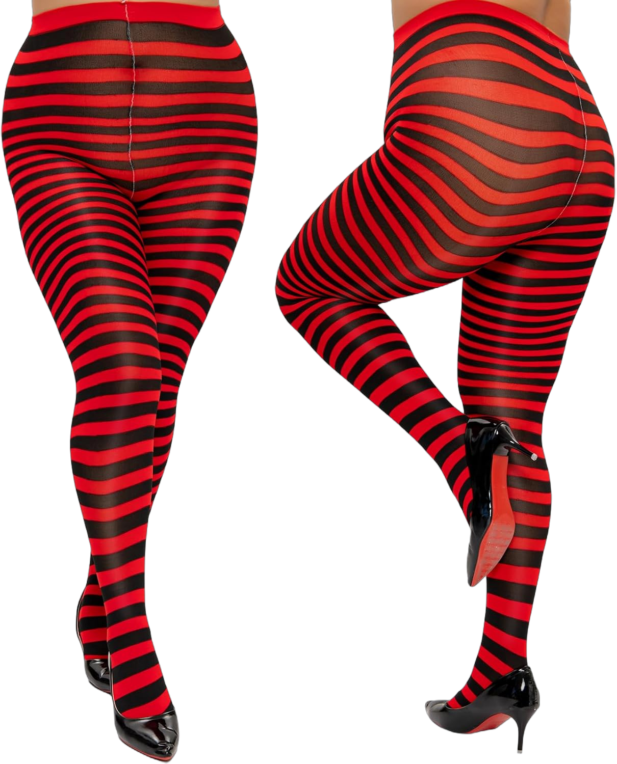 Yilanmy 2 Pairs Plus Size Striped Tights for Women Colored Christmas Halloween Candy Cane Tights Costume Leggings for Women Black+red One Size Plus