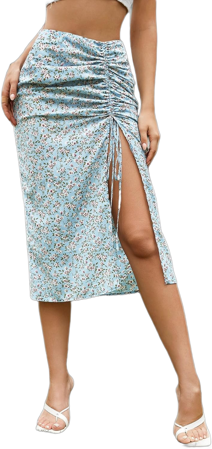 Floerns Women's Boho Floral High Waist Split A Line Midi Skirt Small Pastel Blue