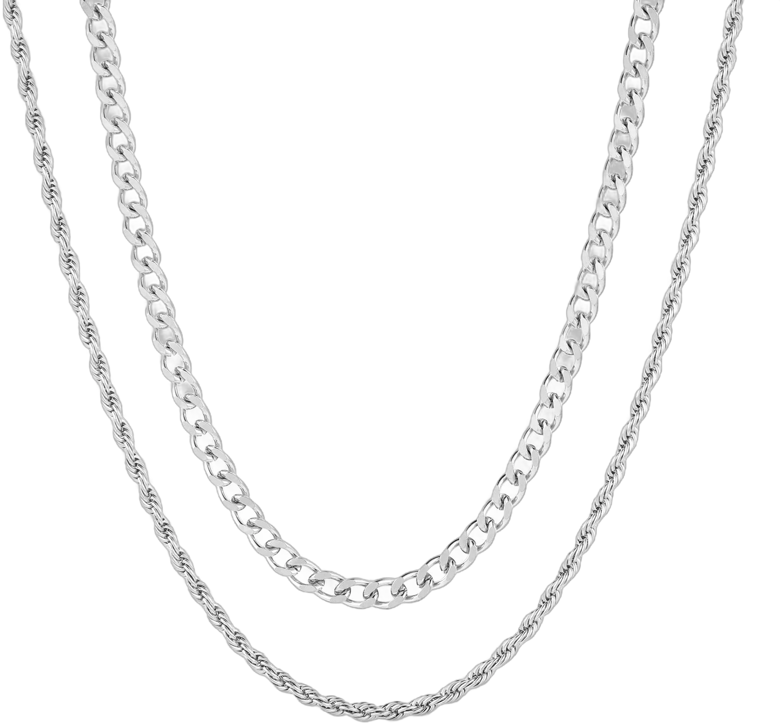 APSVO Layered Silver Chain Necklaces for Men Women Boys,Stainless Steel 5mm Cuban Curb Link Chain and 3mm Rope Chains Set,16/18/20/22/24/26 Inch Chain Boyfriend Girlfriend Birthday Christmas Jewelry Gift