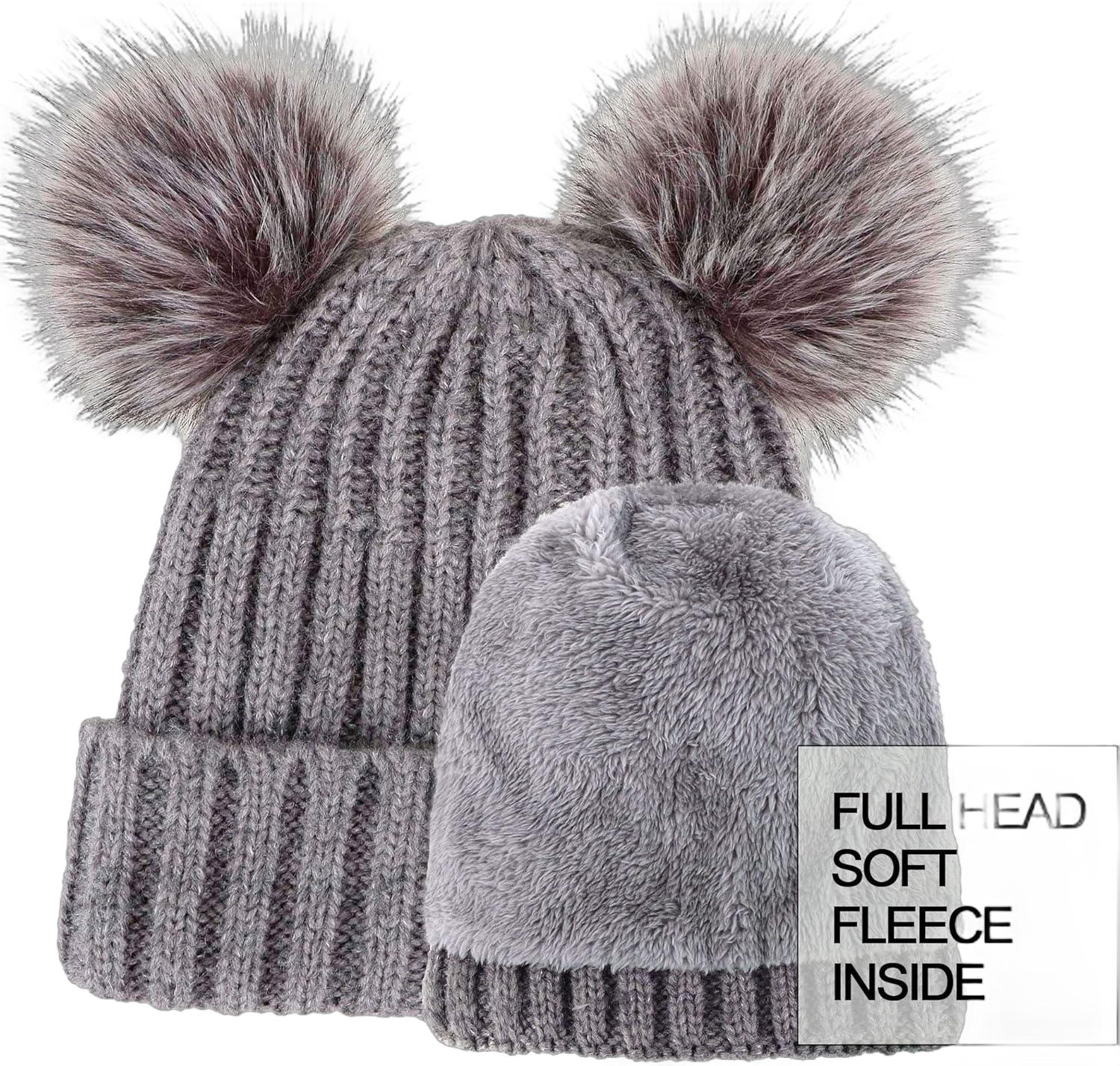 Arctic Paw Womens Winter Hat Cable Knit Beanie for Women Faux Fur Pompom Ears Grey Hat Black Grey Ball Beige Lining