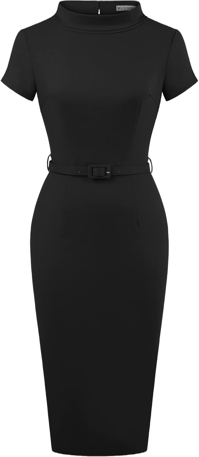 MUXXN Women's Retro Midi Short Sleeve Pencil Knee-Length Vintage Cocktail Office Business Work Dress XX-Large Black