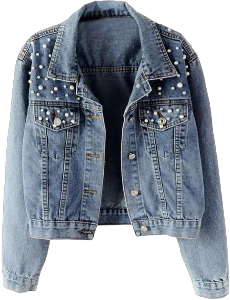 Oversize Pearl Embroidered Women's Ripped Distressed Casual Long Sleeve Denim Jacket Coat Medium Blue-1