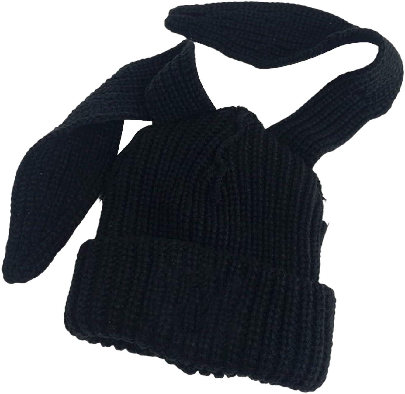 Womens Cap Winter Warm Knitted Beanie Hat, Long Bunny Ears Ribbed Thickened Knitted Hat Unisex Riding Knitted Beanie Cap Black