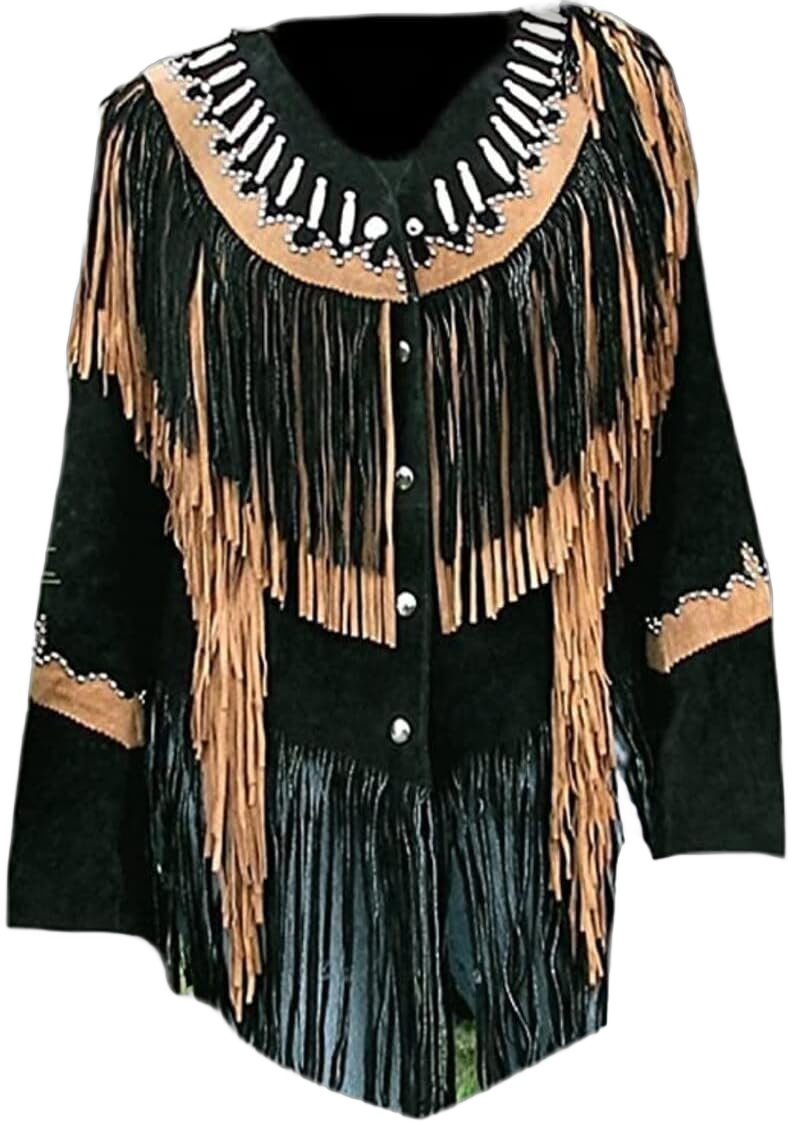 Women Traditional 100% Genuine Suede leather Western Cowgirl Jacket| Classic Native American Coat with Fringed X-Small Black & Brown