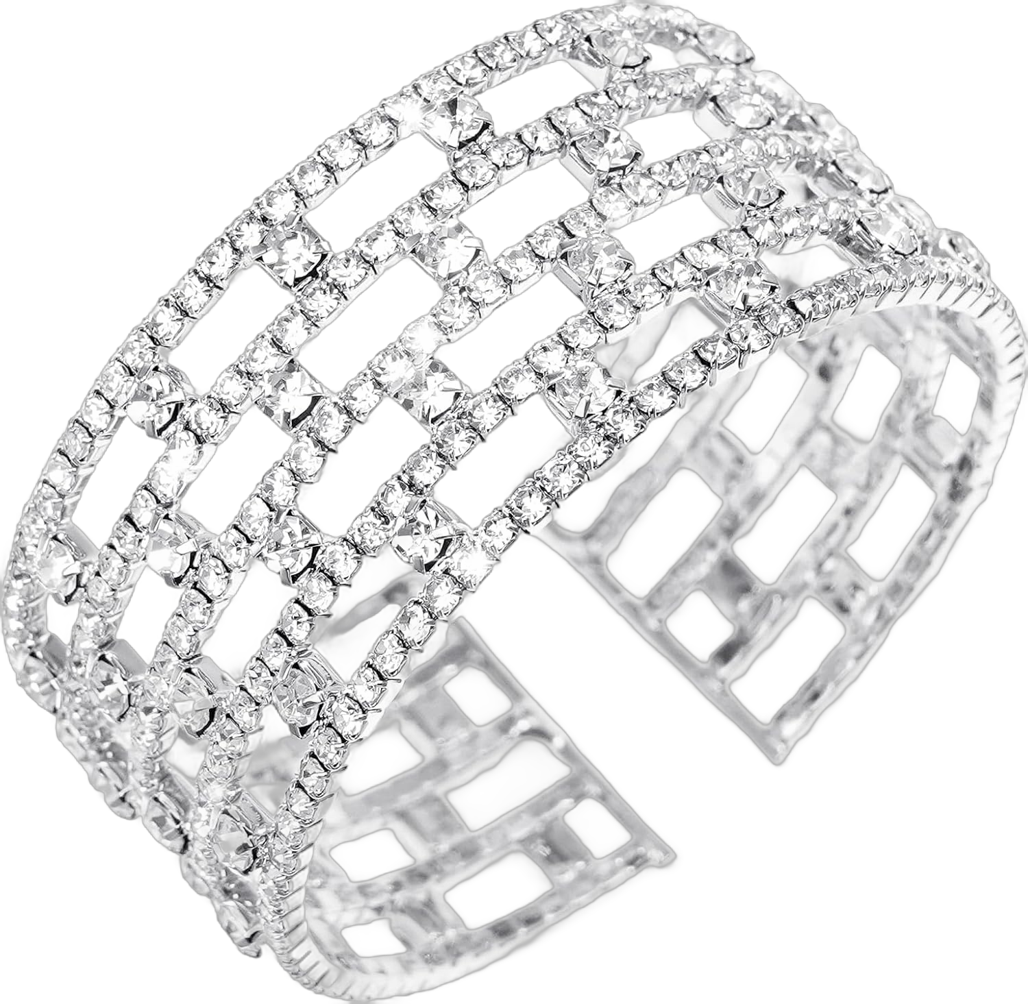 Rhinestone Bracelet for Women Multilayer Crystal Cuff Bracelet Strand Layered Bracelet Silver 3