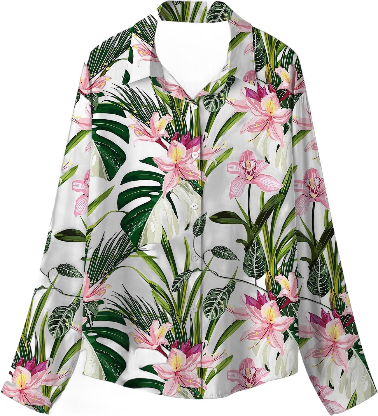 Hawaiian Shirts Women Long Sleeve Button Down Lapel Collar Floral Print Tunic Blouse
