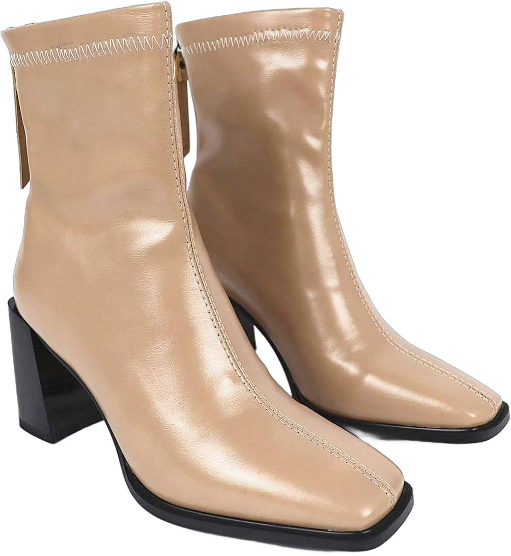 LEHOOR Women's Chunky Heel Ankle Boots Square Toe Back Zipper Patent Leather Mid Calf Booties High Block Heel Dress Mid Boots Casual Cute Winter Warm 4-11 M US 10 Matte Beige