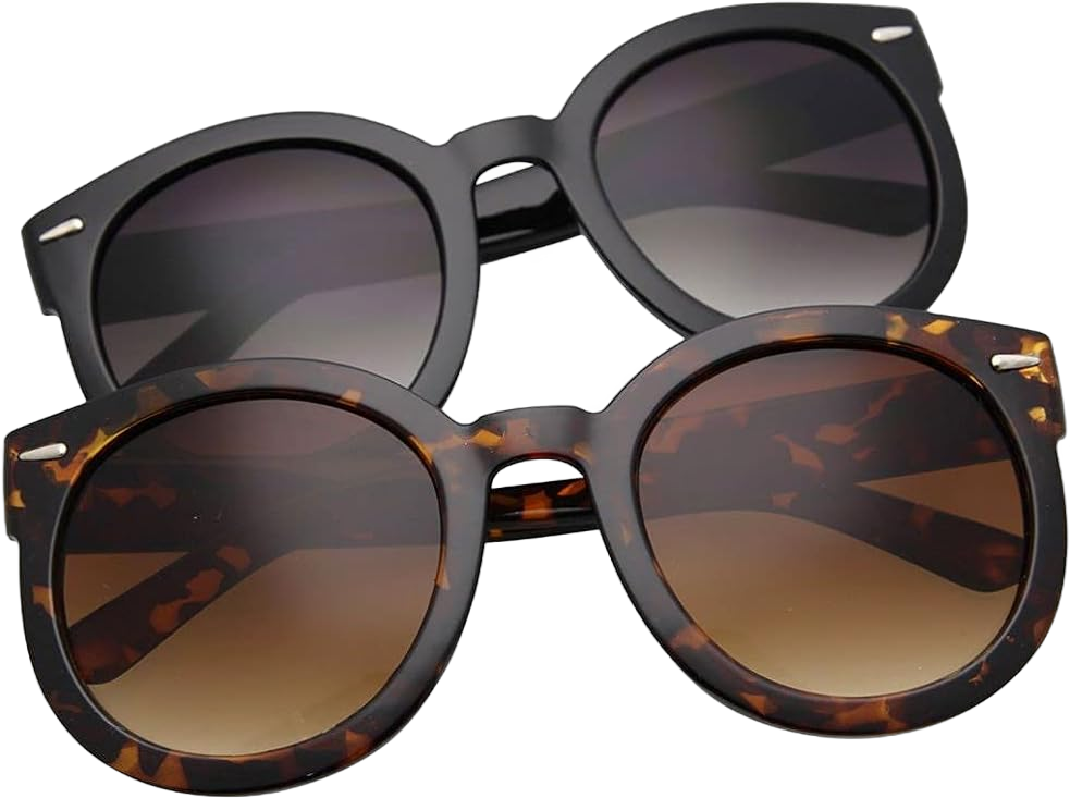 grinderPUNCH Classic Round Retro Polarized Oversized Sunglasses for Women Trendy Vintage Style Polarized Glasses UV400 Lenses 2 Pack Bulk Bundle Saver: Black Frame - Polarized Black Gradient Lens + Glossy Tortoise Frame - Polarized Brown Gradient Lens 53 Millimeters