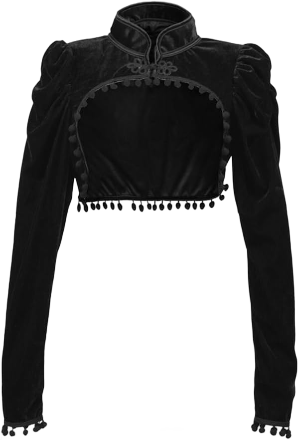 Retro Velvet Cardigan Jacket, Women Vintage Gothic Cropped Corset, Long Sleeve Tie Front Jacket (Color : Black, Size : X-Large)