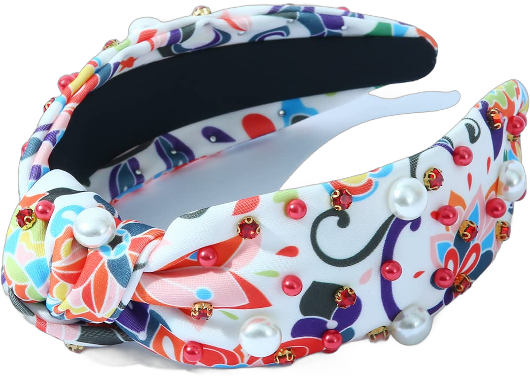 Floral Knotted Headband for Women Pearl Rhinestone Embellished Colorful Headband Vibrant Floral Pattern Hair Band Lucky Holiday Hair Accessory red floral