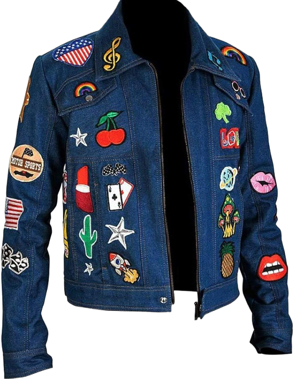 Mens Vintage John Rocket Concert Taron Egerton Blue Denim Jacket with Patches Medium Red